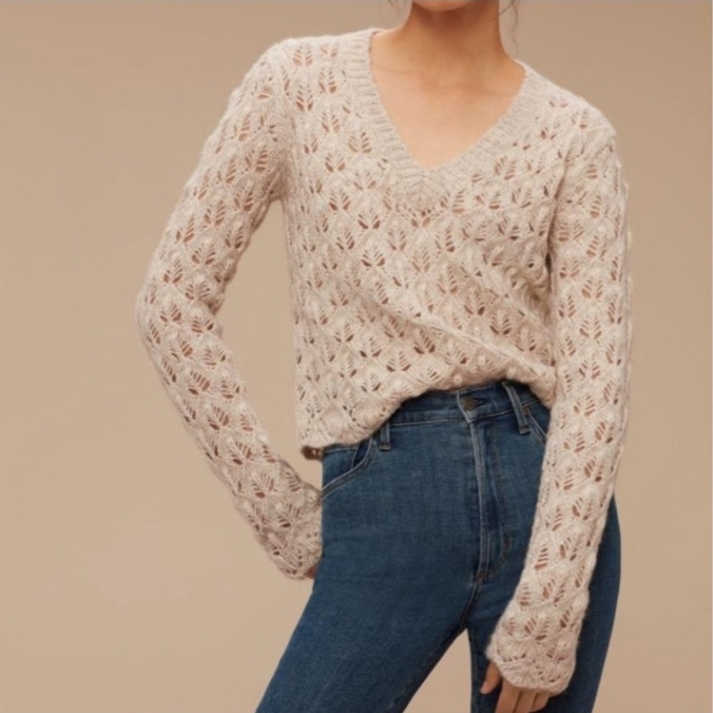 Wilfred Beige V-Neck Knit Sweater Cotton Alpaca Wool Mohair Boho Cottagecore - L